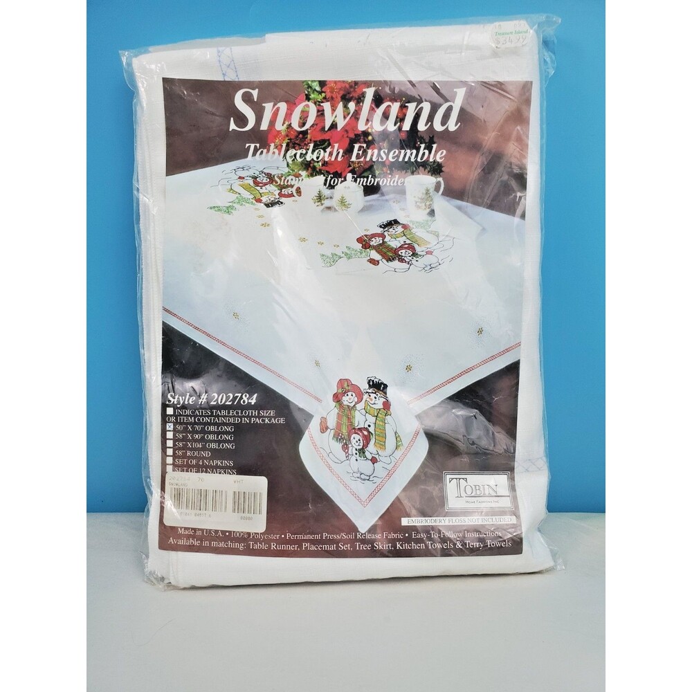 Vintage Tobin Home Fashions Snowland Stamped Embroidery Tablecloth Kit 50x70